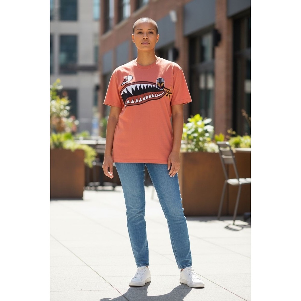 REASON‎ Shark Mouth Graphic T Shirt Orange Cotton Short Sleeve Crew Neck Tee M